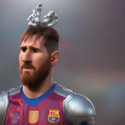 portrait,lionel messi robot, wearing argentina, post-apocalyptic in a football stadium, realistic, intriacte detail, sci-fi fantasy style, volumetric lighting, particales,highly detailed,cinamatic, deep colours,8k