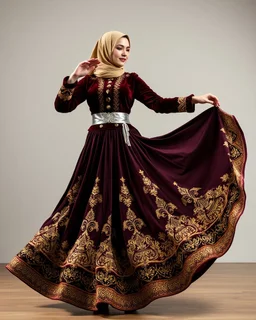 Long shot of an Azeri woman dancing in a traditional “Arkhalig” velvet jacket and a long, flowing “Tuman” skirt embroidered with gold “Buta” patterns. She wears a “Gümüş Kemer” (silver belt) and a “Ruband” silk headscarf held by a gold “Tiara.” Her hands are performing “Şana” (comb-like) finger movements. She spins slowly, the heavy fabric of her dress billowing outward in a controlled, elegant circle.