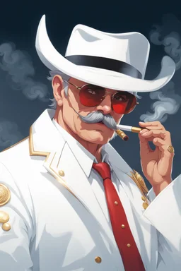 An old male crimson red demon wearing a white and gold police comisioner outfit, he is also wearing glasses, he has a white scruffy mustache, and a small black fedora, he also smoking a cig.