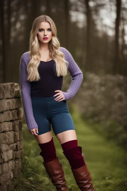 beautiful 18 year old girl with ash blonde hair and blue eyes with her curvy hair down, wearing a long-sleeved woollen top, and lilac long leggings, with long red boots full body standing pose shot