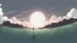 giant half transparent virtual moon, glitchy, blurry, maximum quality, centered on frame, far view, in the middle of a grassy hill, white sky with cumulonimbus, manga, makoto shinkai style