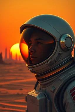 close up portrait of a lonely astronaut , the sun setting in vibrant hues of orange and yellow and red. His helmet reflects the light, he gazes at towering structures on the horizon—remnants of a once-great civilization. With every step through the barren sands, the weight of his mission grows heavier. Is he a pioneer, The silence and black shadows around him , surreal, dark sci-fi, utopistic vibe