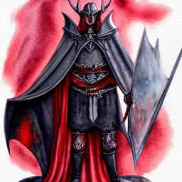 dnd, fantasy, watercolour, portrait, ilustration, elf, dark lord, armour, satanic, red, black