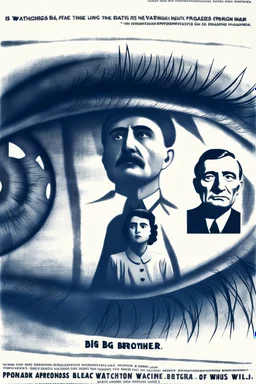 an old poster with the words"BIG BROTHER"(across top), the staring face of a man(middle, facing viewer), text "IS WATCHING"(across bottom), wwii era 1984 propaganda black and white printed poster on old paper