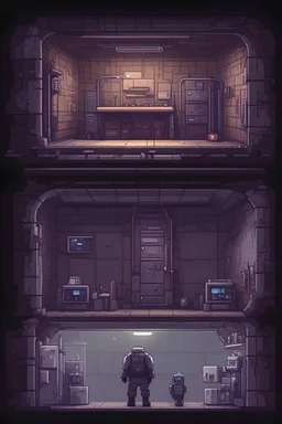 2d pixel art dark environement, old human underground military bunker, use for experimentation, laboratory. platform video game