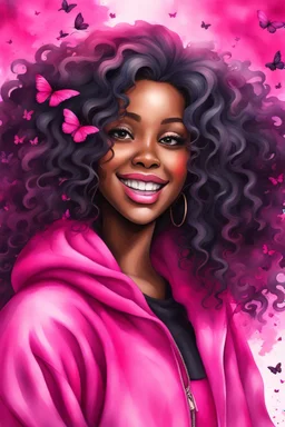 vibrant watercolor painting image, airbrush, 48k, cartoon art image of a black curvy female looking to the side smiling with a large mane of curly ombre hair flowing through the wind while she has a hot pink hoodie on, prominent makeup with hazel eyes, highly detailed hair, background hot pink and BLACK BUTTERFLIES surrounding her, dystopian charcoal