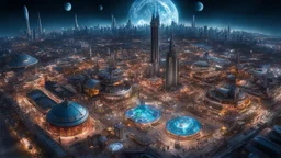 Wide-angle photorealistic sci-fi cityscape of unearthly delights in the multiverse