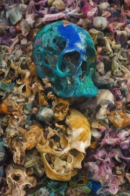 a picture of a dark, comedic, anatomically correct wall of colorful tightly packed skulls of varying sizes and expressions, photo realistic, insanely meticulous, highly detailed, part of a collection of bones on display, 64k, dystopian, vray