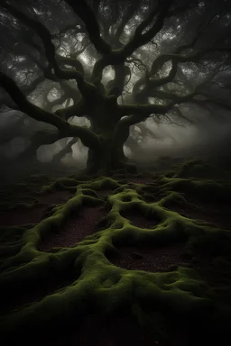 A mystical forest at dusk, with a towering ancient oak tree in the center, its gnarled branches covered in bioluminescent moss, casting an eerie, otherworldly glow, surrounded by a dense, foggy atmosphere, Photography, DSLR camera with a wide-angle lens, long exposure