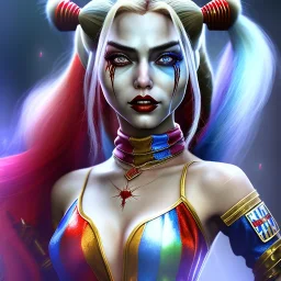 only harley quinn, fly hair, mist around, highly realistic, highly detailed, warrior armor, mist around, smoke