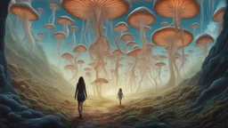 woman walking through Alien mushrooms with jellyfish tentacles, floating through an alien forest, in a huge cave, floor covered in mushrooms, photorealistic, Deep Colour, Intricate Detail, sunshine, blue sky