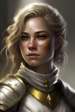Female cleric; dark blonde messy hair; brown eyes; white and gold armour; glowing freckles; scars; darker skintone