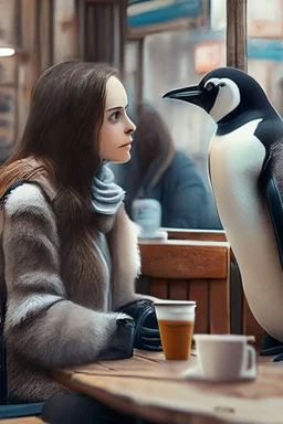 young woman talk to a penguin in coffee-shop