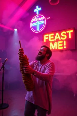 An "Kebab man" performing at dance club in a church, his name is "Kebab man" Happy and christian look, Talking to the holy Jesus, Neon lights and smog, "please... FEAST ME!" big sign on the wall