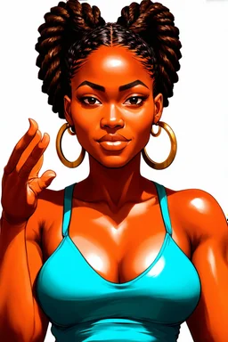 A vibrant digital illustration of a carribean woman with a confident yet playful expression. She is making a gesture by a raised brow. highly detailed two large cornrows. Her large hoop earrings are clearly visible, adding to the bold and expressive character of the artwork. with soft lighting accentuating the details of her face.", ink wash