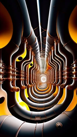 a complex tangle of pipes, joints, vortices of pipes, taps, drain pipes, like a kaleidoscopic tunnel
