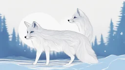 An outline of an artic fox. The inside is filled with constellations, nebulas, and aurora borealis blue. The scene is made to look like a real artic fox. Dey, illustration, 3d render, vibrant, cinematic