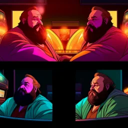 comicbook 2 panels, a fat, bearded man (watching tv:1.8),,comic book panels, multiple angles, a mixture of lighting and color palettes.