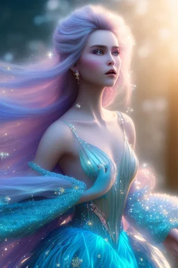 woman glitter blue fairy in a galactic ambiance, long blue hair, detailed gorgeous smile, delicate colors in the foreground, full of details, smooth, light effect，vaporwave colorful, smooth, extremely sharp detail, finely tuned detail, ultra high definition, 8 k, unreal engine 5, ultra sharp