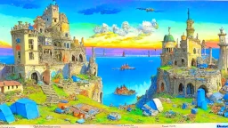 Destroyed City, medieval ruins, debris, stone, breched, brocken, Perspektiv from the sky, by Jean-Baptiste Monge, Ivan Bilibin, Albert Bierstadt, Reza Badrossama, watercolor, intricate details, fantasy, beautiful, oil on canvas, award winning, imperial colours, fantastic view, radient colours, very attractive, crisp quality