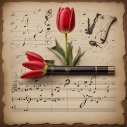 Hyper realistic red tulip on the side of a vintage paper with harmonica instrument & small musical notes