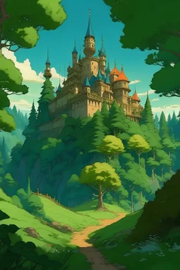 a castle hidden in a forest, ghibli style