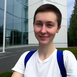 A short haired, female software engineer taking a selfie in front of Building 92 at Microsoft in Redmond, Washington