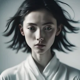 blurry image of a girl, in the style of minimalist beauty, androgynous, light black, mote kei, serene faces, loose and fluid, ethereal abstractions --ar 73:110 --stylize 750 --v 6