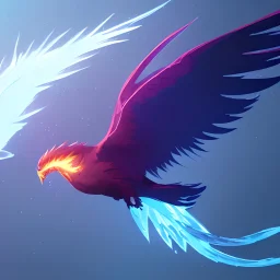 icy phoenix, fire on tips of feathers of phoenix, in space on icy planet, snowstorm