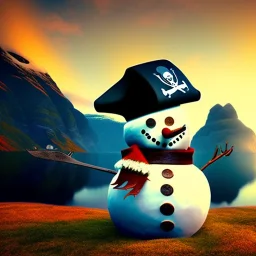 Nærøyfjorden Verdsarvpark, autumn, pirate snowman with one eye on a viking ship, in the style of pixar