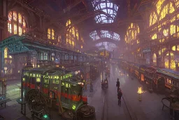  Interior Train station +Colourful city+old lamp+Bar and garden on High Bridges across Skyscraper river+canals+Gothic village+European Metropolis on sea+naples alley+Torino square+trieste canals+victorian London+decòpunk Skyscraper+ +steampunk+biopunk+alphonse mucha, greg rutkowski, matte painting, cryengine, hyper detailed, felix kelly, fantasy art, seb mckinnon