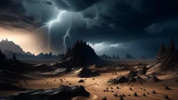 Alien desert with black dunes and massive mineral formations, lightning storm on the horizon, sci-fi concept art style.