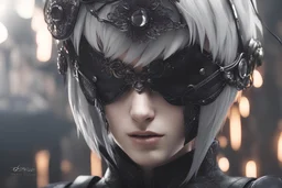 Hot 2B with blindfold eye in 8k nier automata artstyle, blind them, 2B Custom, blindfold, close picture, rain, fantasy world, intricate details, highly detailed, high details, detailed portrait, masterpiece,ultra detailed, ultra quality