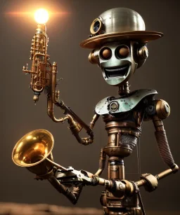 happy mechanoid person playing jazz with a steampunk theme, realistic