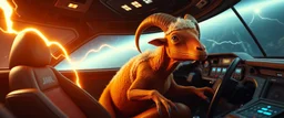 a space sheep in a cockpit with no hair or wool, and orange lizard like skin, running crazy like a dino, dropping lightening like thor