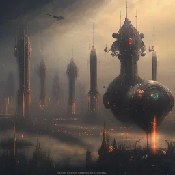 Steampunk scene of futuristic Victoria, fantasy airships flying over Glasgow in a cloudy sky,Giant sci-fi super-panzer in the style of John Berkey