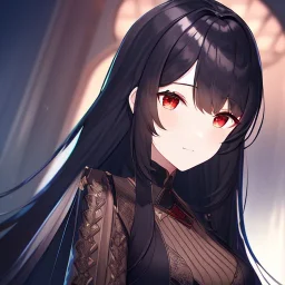 Clear focus, high resolution, black long fluffy hair, red eyes, wearing a detailed outfit