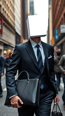 A man with suite carrying a business bag walking in the new York street , his head is a covered with white book no eyes nose or mouth