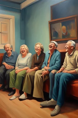 A group of lunatics are sitting in a hall watching television. They are laughing.Busch painting style