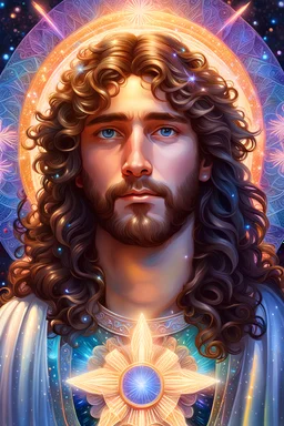 hyperdetailed oil on canvas, young angelic Jesus, his perfect precisely detailed face, long curly hair, halo, luminous colorful sparkles, by Camille Rose Garcia, DestinyBlue, James R. Eads, Gaspar Camps, Alphonse Mucha; glitter airbrush, depth of field, Octane Render, CryEngine, volumetric lighting, 16k, neon ambiance, abstract black oil, gear mecha, detailed acrylic, grunge, intricate complexity, rendered in unreal engine, photorealistic