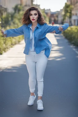 full body of very beautiful girl with pants and blouse and jacket , curvy hair ,standing idle pose in studio pretty makeup,perfect face,sport shoes