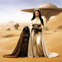 (high res photo by Luis Royo) Princess Leia in the iconic Tatooine outfit, her Jawa friend is on her side