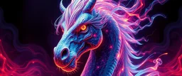 close up portrait of a plasma vampire flickers like hypnotic fire in geometric shapes like a dna swirl of time and a fearsome fluffy dragon horse in the style of Escher