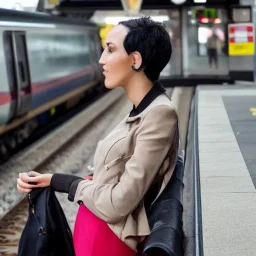 A beautiful slender transgender woman with short black hair waiting for a man at a train station in London