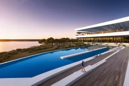 Sunset algarve in quinta do lago, one straight line building of 250 meters long pool of a modern luxury architecture with wood and gold metallic pergolas with pool on rooftop, overlooking a tennis and padel sport facility, on a slope with pinus pinea, a road wrap around for low speed veicular road