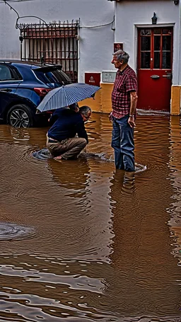 A natural phenomenon, floods in an Alentejo village with two politicians on the scene 1943. Mario Soares and Cavaco Silva- Shot on Canon EOS R5, 50mm lens, depth of field, shutter speed 1/1000, f/2.8, white balance, 6000k. High resolution, realistic details, HDR efects, film grain, 4K. –ar 9:16 –s 700 –q 5