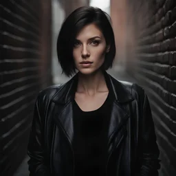 sweet woman with dark short hair with light streaks, gray eyes, facial skin with very noticeable irregularities and pores, face completely without retouching, in a black jacket, standing by an old brick wall on the street during the day, abstract neorealism, cinematic, film light, hyper-detailed, hyper-realistic, masterpiece, atmospheric, high resolution, 8k, HDR, FUJIFILM, photo, bokeh