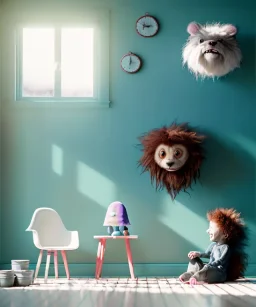 Realistic child room. sweet big furry monster sitting. Tim burton style. Red hair, smile, happy, gradient color fog. highly detailed, concept art, unreal engine 5, ray tracing, RTX, lumen lighting, ultra detail, volumetric lighting, 3d, finely drawn, high definition, high resolution.