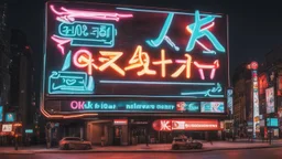 a billboard branded writing Odk Tokusentai , with neon light, in the city center, at night . in Montréal