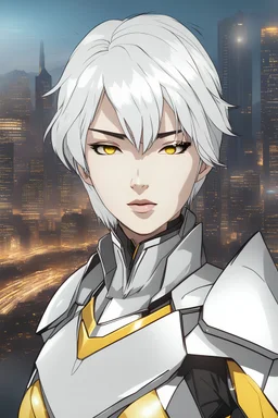 Asian woman with white hair, yellow eyes, wearing light futuristic armor, arrogant, cityscape background, RWBY animation style